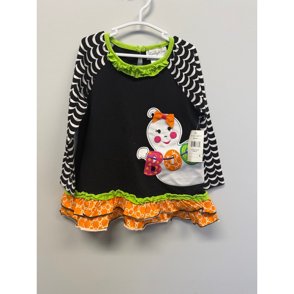 Emily Rose Girls Halloween Ghost Tunic Top Black Orange Ruffle Size 4 NWT